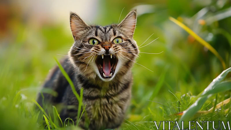 Tabby cat hissing with open mouth in grass outdoor setting.