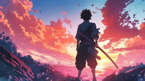 Backlit lone swordsman overlooking radiant ocean sunset