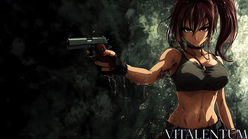 Armed anime heroine extends pistol in rain-drenched standoff.