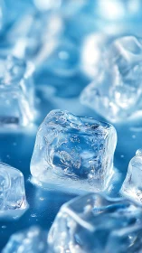 Glistening ice cube macro on cool blue reflective surface.