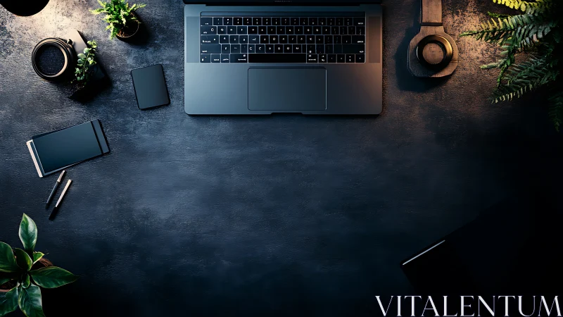 Calm midnight workspace with laptop, gadgets, and greenery.