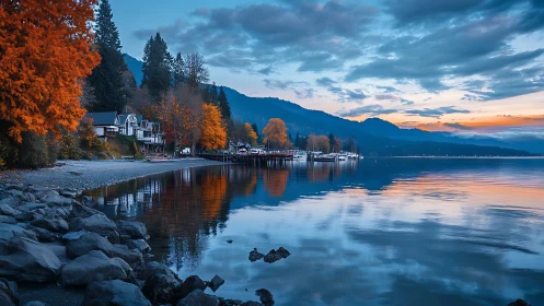 Photorealistic lakeside houses with autumn trees at dusk shoreline.