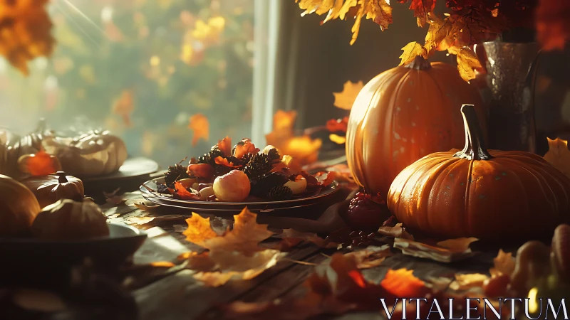 Warm autumn still life with pumpkins and sunlit leaves.