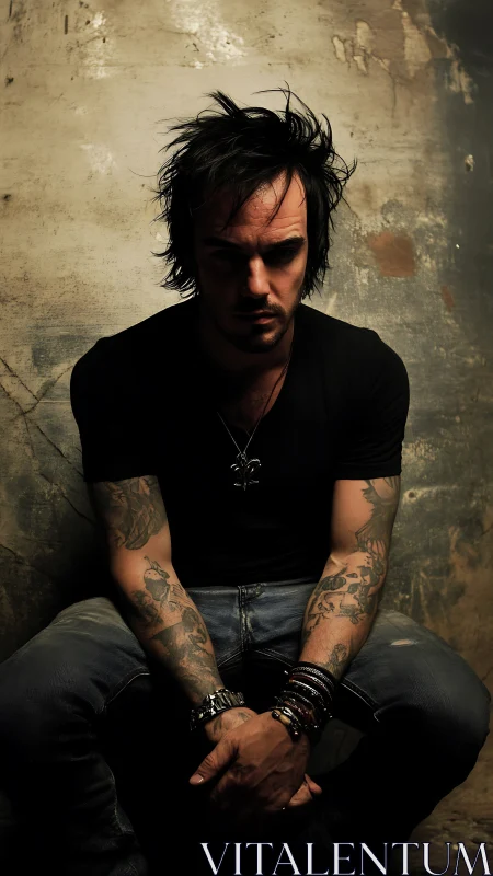 Moody tattooed man in shadowed industrial portrait study.