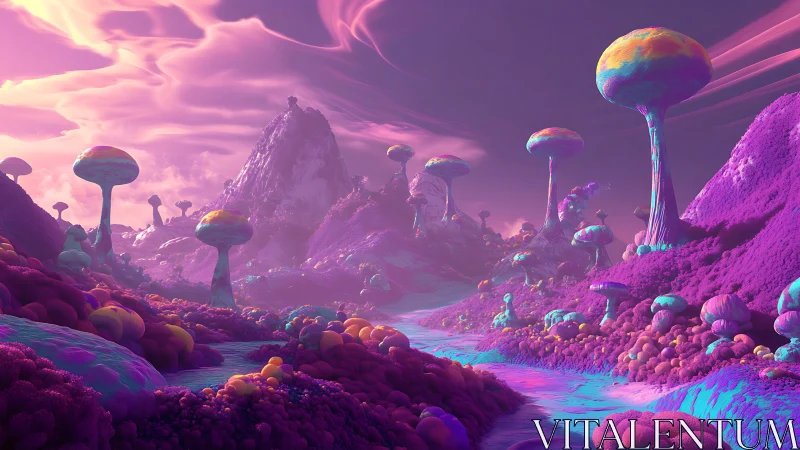Vibrant alien valley filled with glowing mushroom towers.