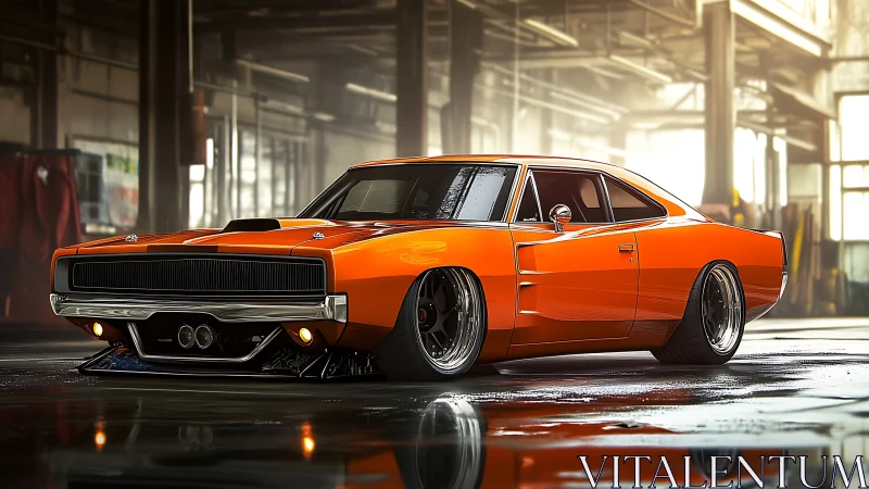 Orange muscle car rendered in industrial garage scene.