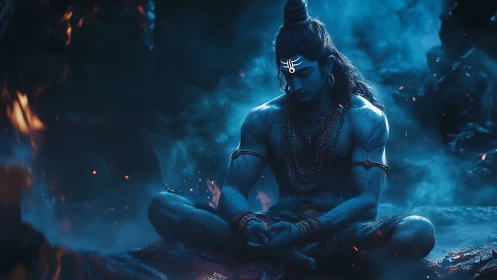 Meditative blue-lit deity seated in smoky cavern calm.