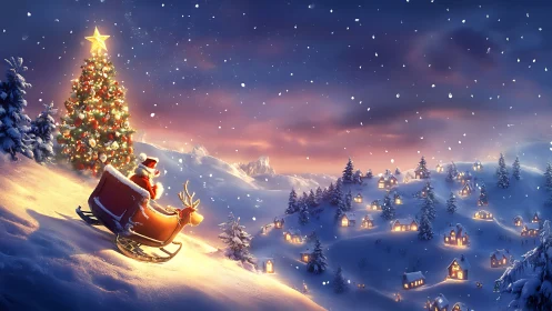 Snowy hillside village under Santa’s glowing Christmas sky.