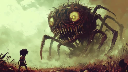 Child confronts giant many‑eyed monster in toxic mist