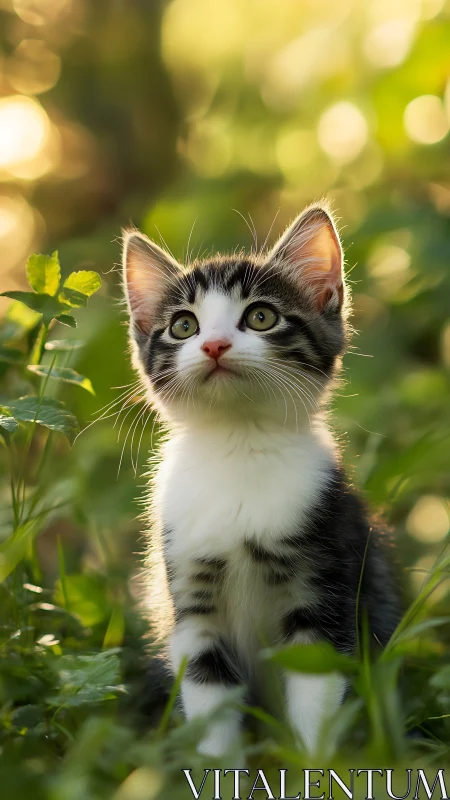 Black and White Kitten Sits in Garden Sunlight.