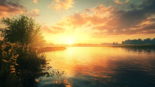 Saturated river sunset with volumetric light and specular ripples