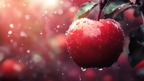 Raindrop-kissed red apple glowing in soft orchard light.