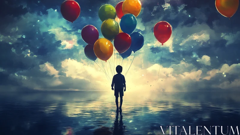 Silhouetted child with balloons over reflective water.