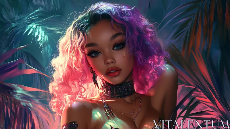 Neon-lit jungle muse with iridescent curls and glossy skin.