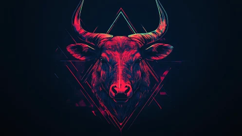 Neon bull head illustration centered on dark geometric background