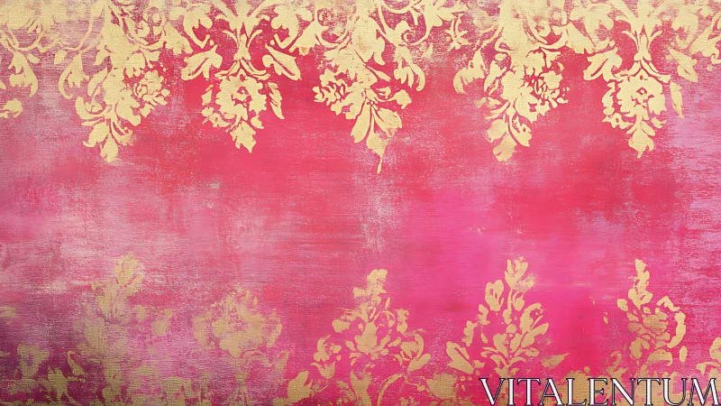 Gold damask ornamental motifs overlay a textured pink ground