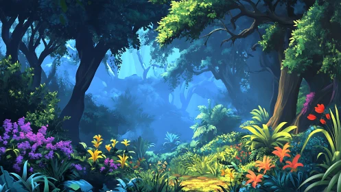Enchanted Forest Glade with Tropical Blooms.