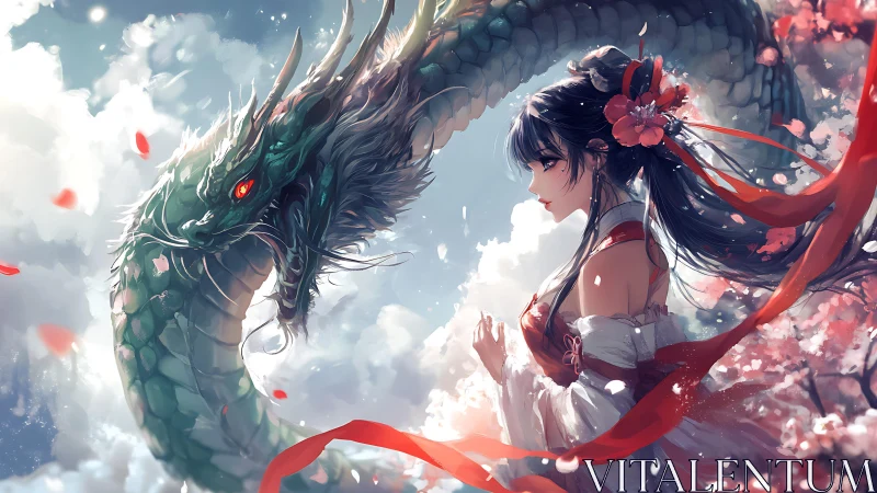 Woman in red kimono stands before coiled sky dragon.