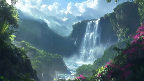 Emerald canyon falls and wild orchid mist in dreamlight.