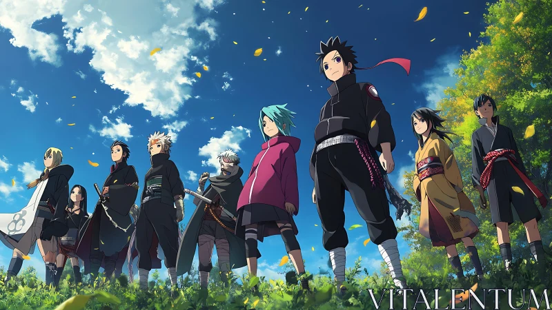 Anime squad under dynamic sky captured in low-angle composition