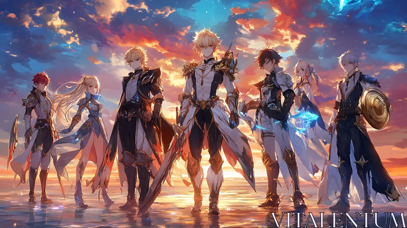 Group of armored fantasy characters on reflective shoreline.