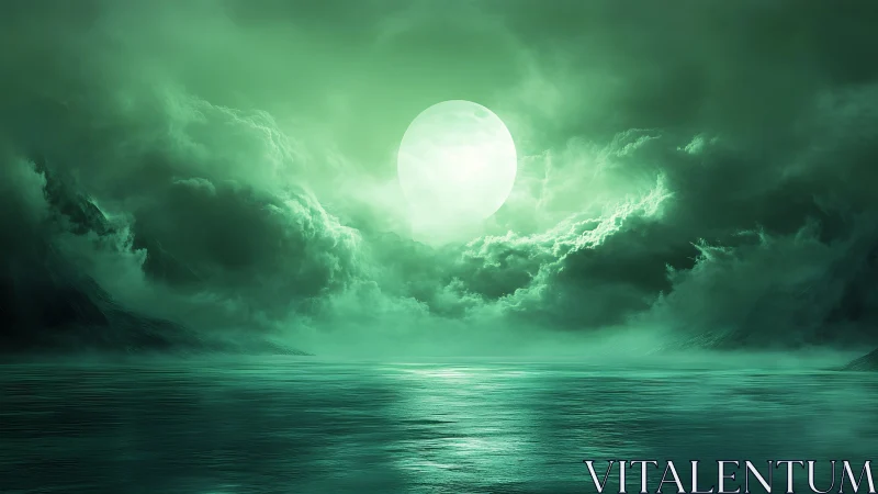 Emerald moonrise over fog-laden oceanic horizon under stormclouds.