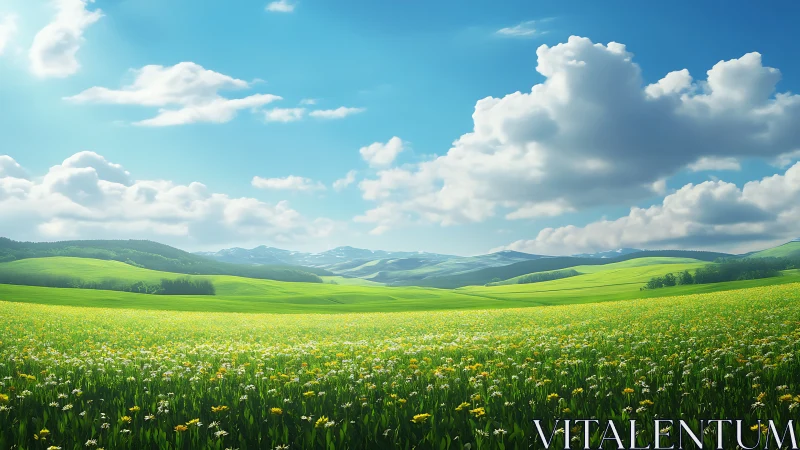 Sunlit wildflower valley under soft clouds and blue sky.