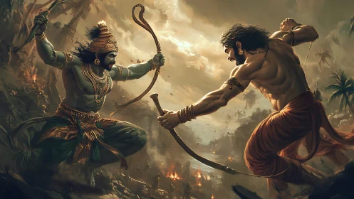 Two mythic warriors clash with bows in a stormy battle
