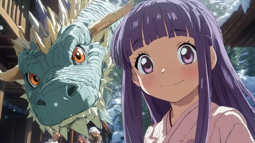 Anime shrine scene with smiling girl and teal dragon companion.