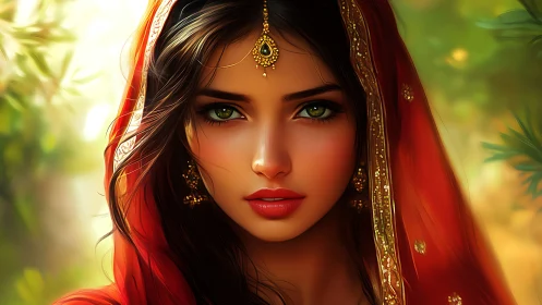 Digital portrait of woman in red veil with green eyes.