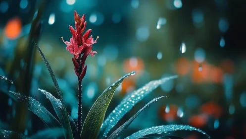 Red flower stem stands in shallow focus under falling rain