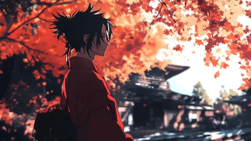 Side-lit kimono figure under saturated autumn maple canopy