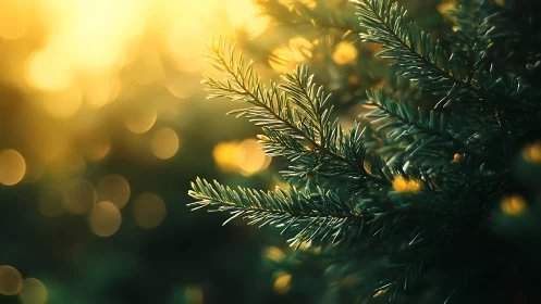 Sunlit evergreen needles against warm golden bokeh glow.