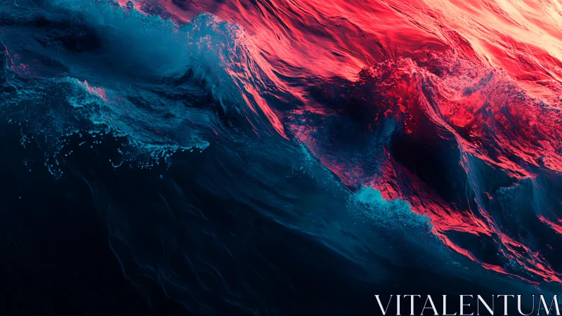 Vivid red and blue ocean waves in dramatic close view.