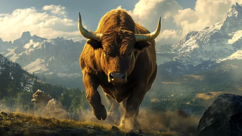 Bull moves forward across rocky alpine terrain in sunlight