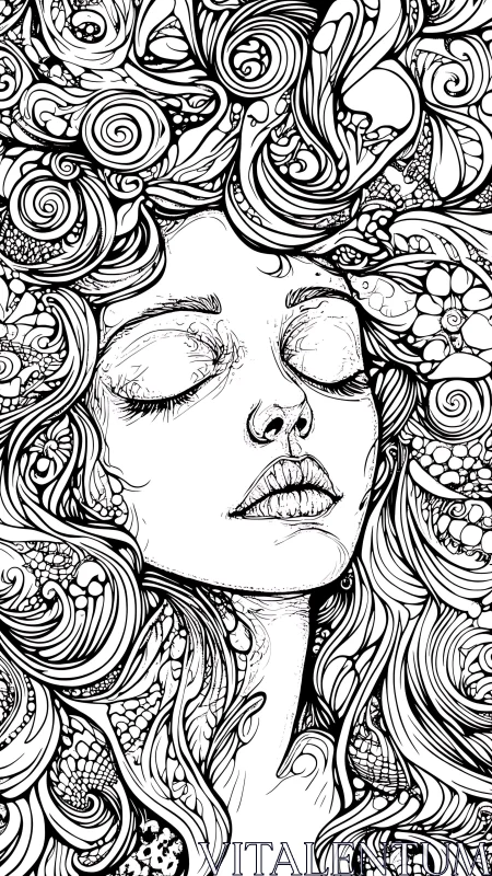 Surreal line art portrait of woman with flowing patterned hair.