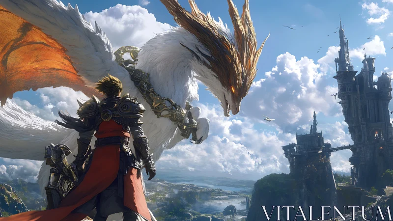 Armored knight and radiant wyvern before coastal sky citadel