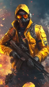 Hooded tactical soldier in yellow jacket amid firestorm.