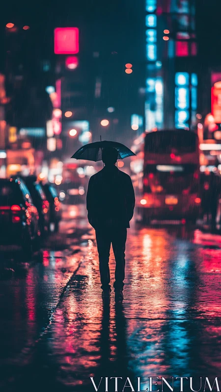 Silhouetted person holds umbrella on neon lit rainy street