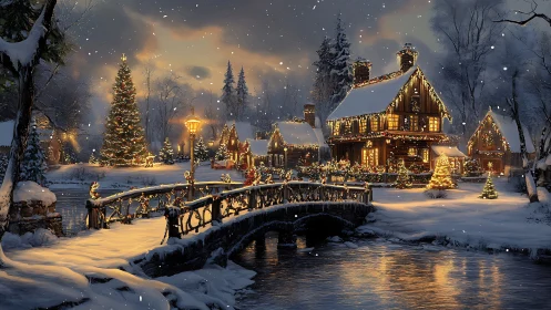 Snowy village bridge and houses with warm holiday lights.