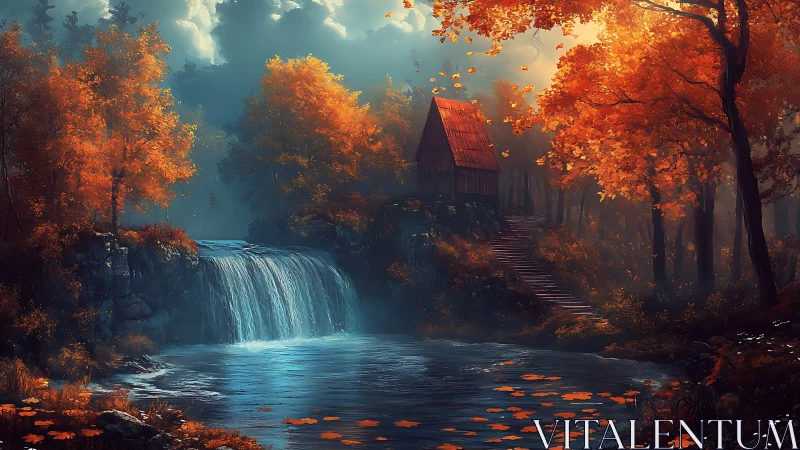 Autumn waterfall refuge wrapped in misty woodland enchantment.