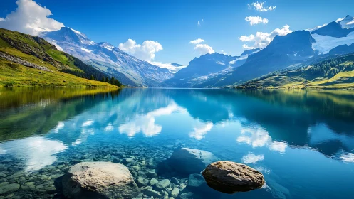 Mountain lake with clear water reflecting peaks and sky.