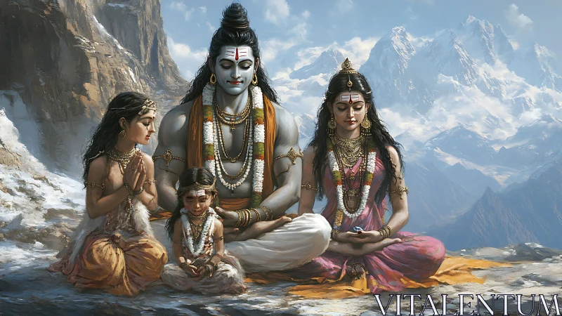 Hindu divine family in meditation amid snowy mountains.