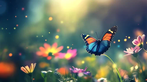 Blue and orange butterfly over blurred wildflowers in light.