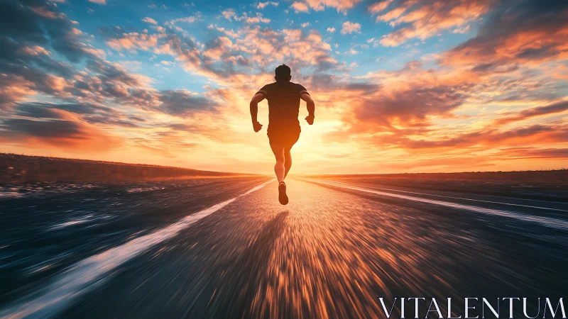 Sunset endurance runner on glowing open highway horizon.