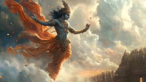 Divine blue deity soars above temple spires in glowing clouds.