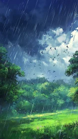 Rainstorm sweeps across sunlit forest clearing in motion.