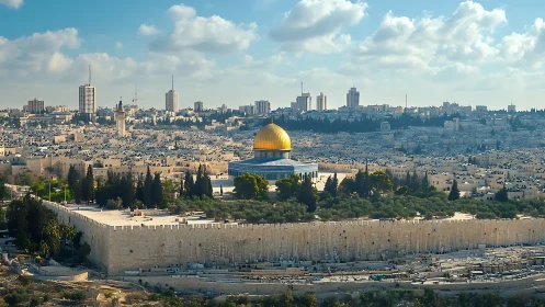 Golden-domed shrine rises over historic Jerusalem skyline.