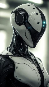 Graceful chrome android poised between calm and curiosity.