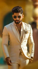 Tailored cream suit under warm sunlight in urban street.